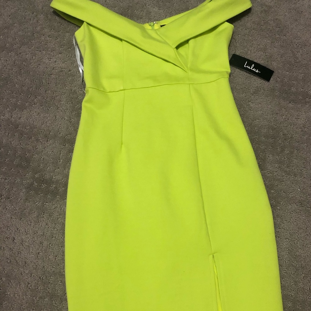 Lulus’s lime green bodycon dress off the shoulders